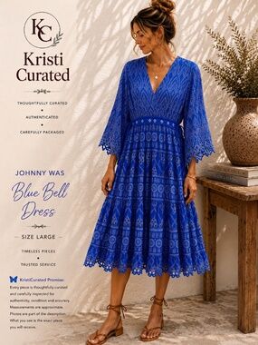 💙 Johnny Was Blue Bell Dress | L | Embroidered Cupra Rayon | MSRP $490